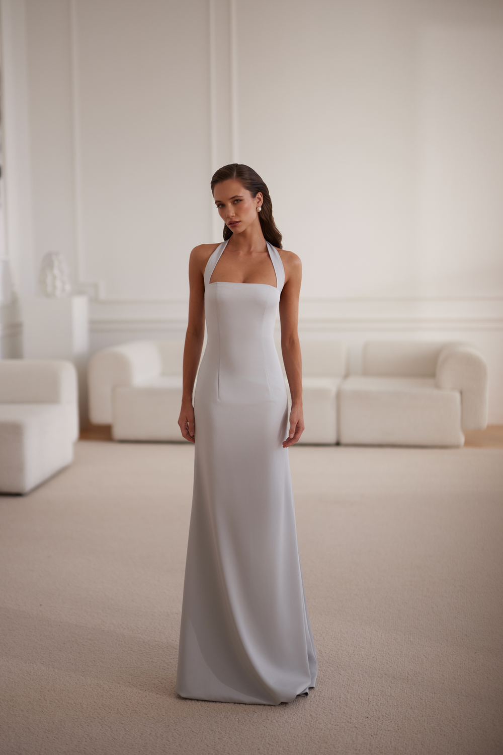 Dayana Square Neckline Slate Gray Satin Gown