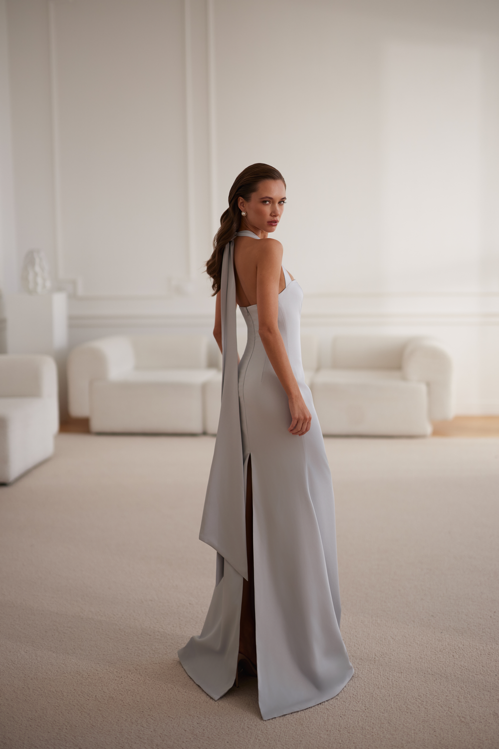 Dayana Square Neckline Slate Gray Satin Gown