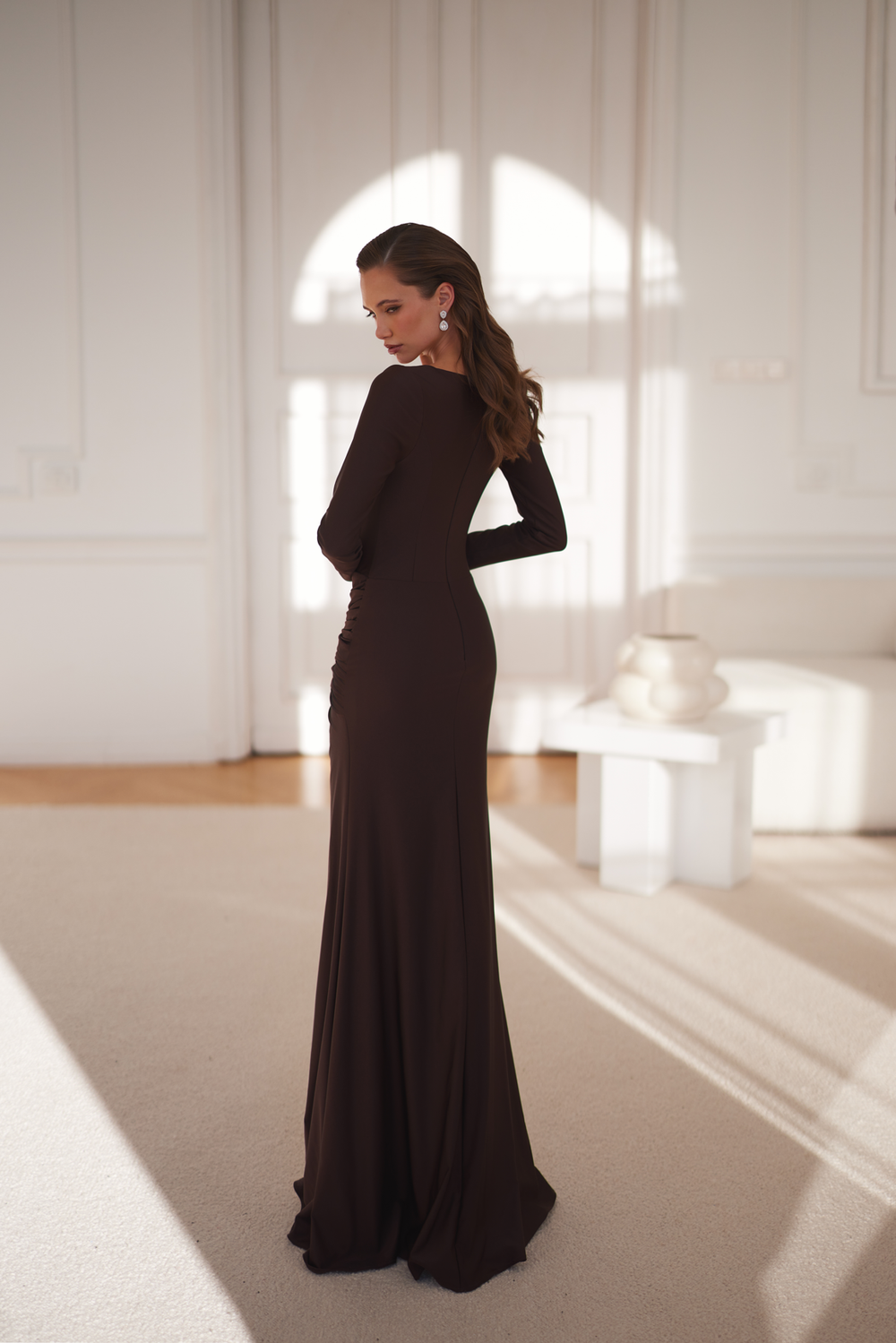 Tamara Long Sleeve Chocolate Jersey Gown