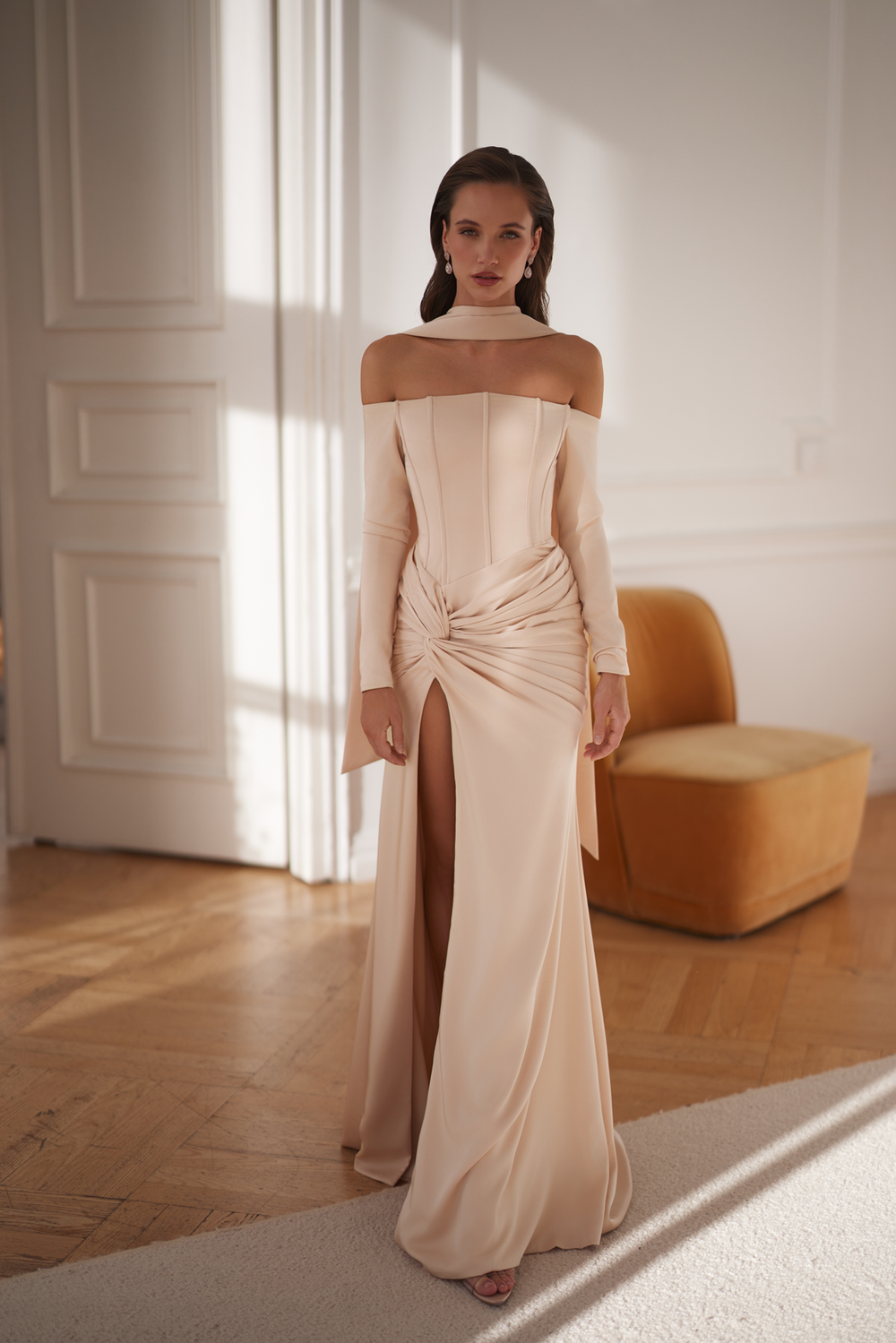 Danielle Off Shoulder Matte Satin With Knot Gown