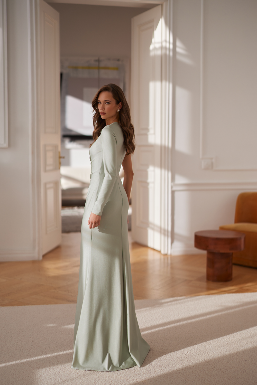 Mardea One Shoulder Ruching Sage Green Jersey Gown