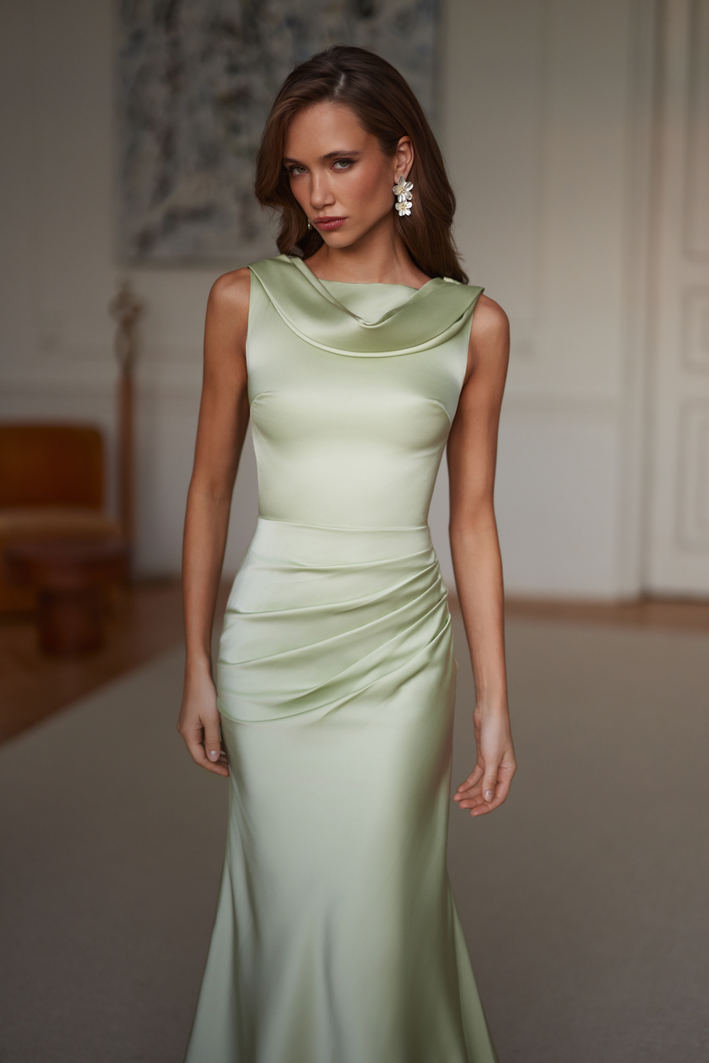 Nadine Sage Green Cowl Drape Elegant Gown