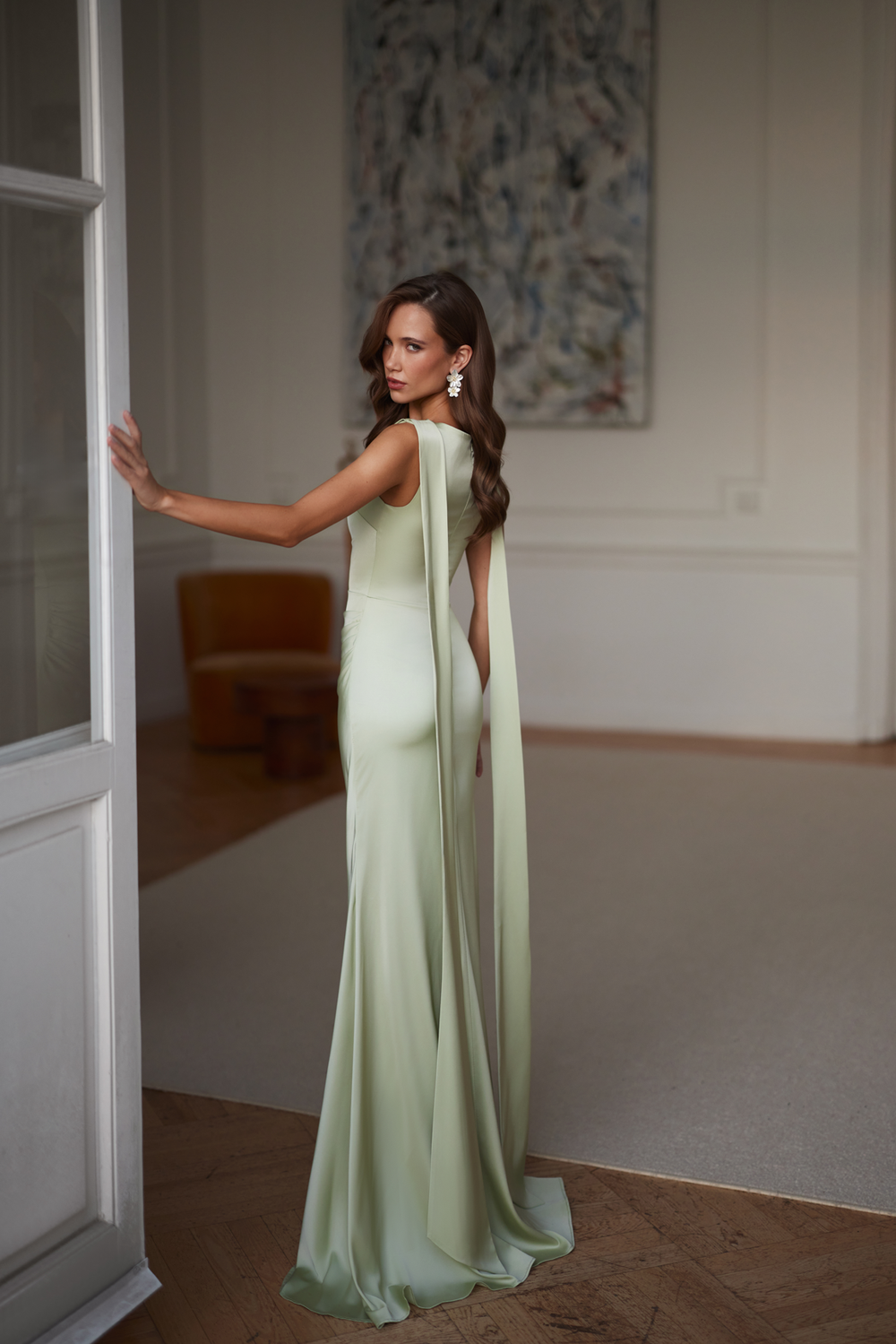 Nadine Sage Green Cowl Drape Elegant Gown