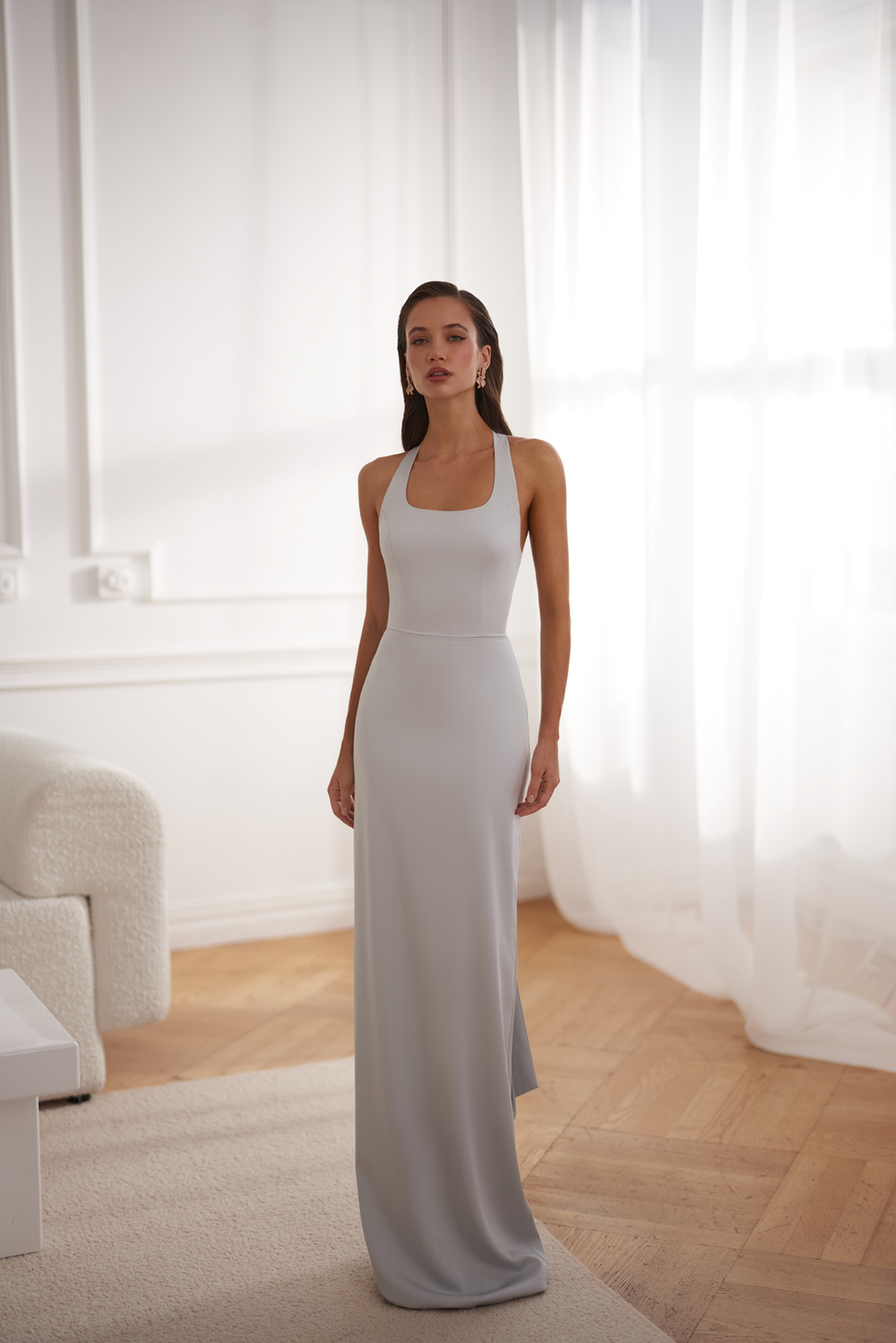 Hallie Scoop Neckline With Bow Tie Slate Grey Gown