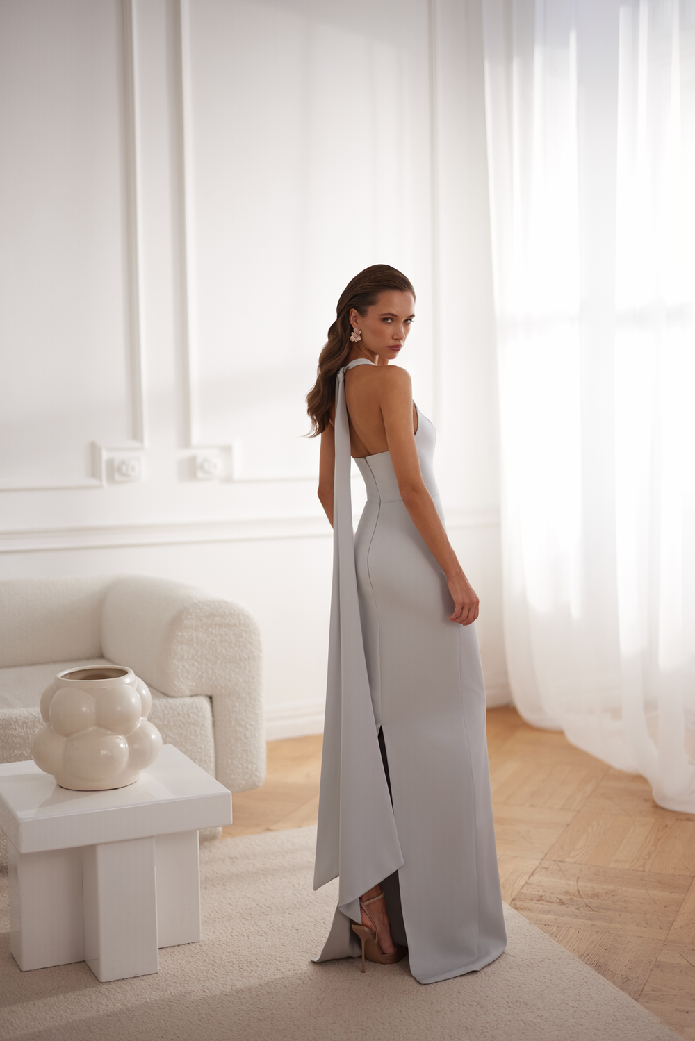 Hallie Scoop Neckline With Bow Tie Slate Grey Gown