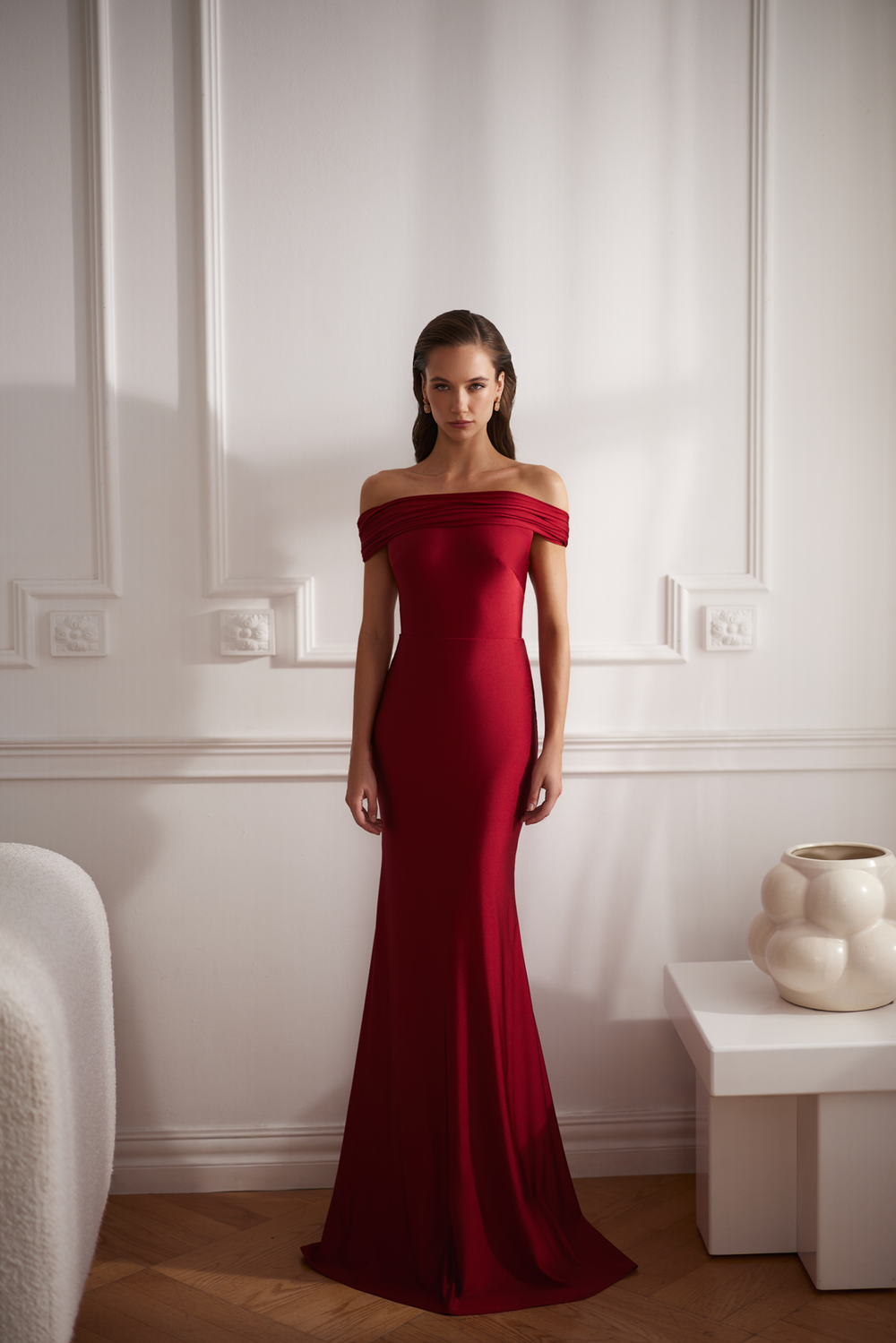 Miriam Off-Shoulder Wine Red Jersey gown