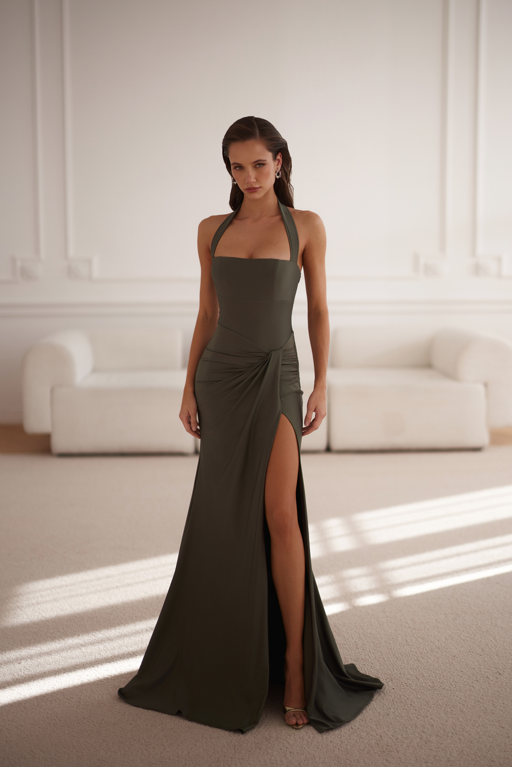 Caterina Halter Neck Jersey Khaki Gown