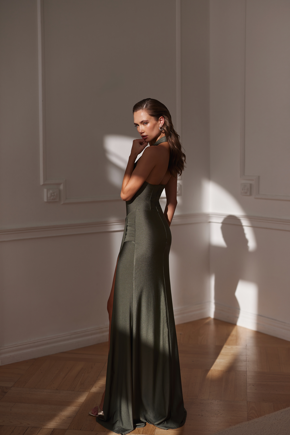 Caterina Halter Neck Jersey Khaki Gown