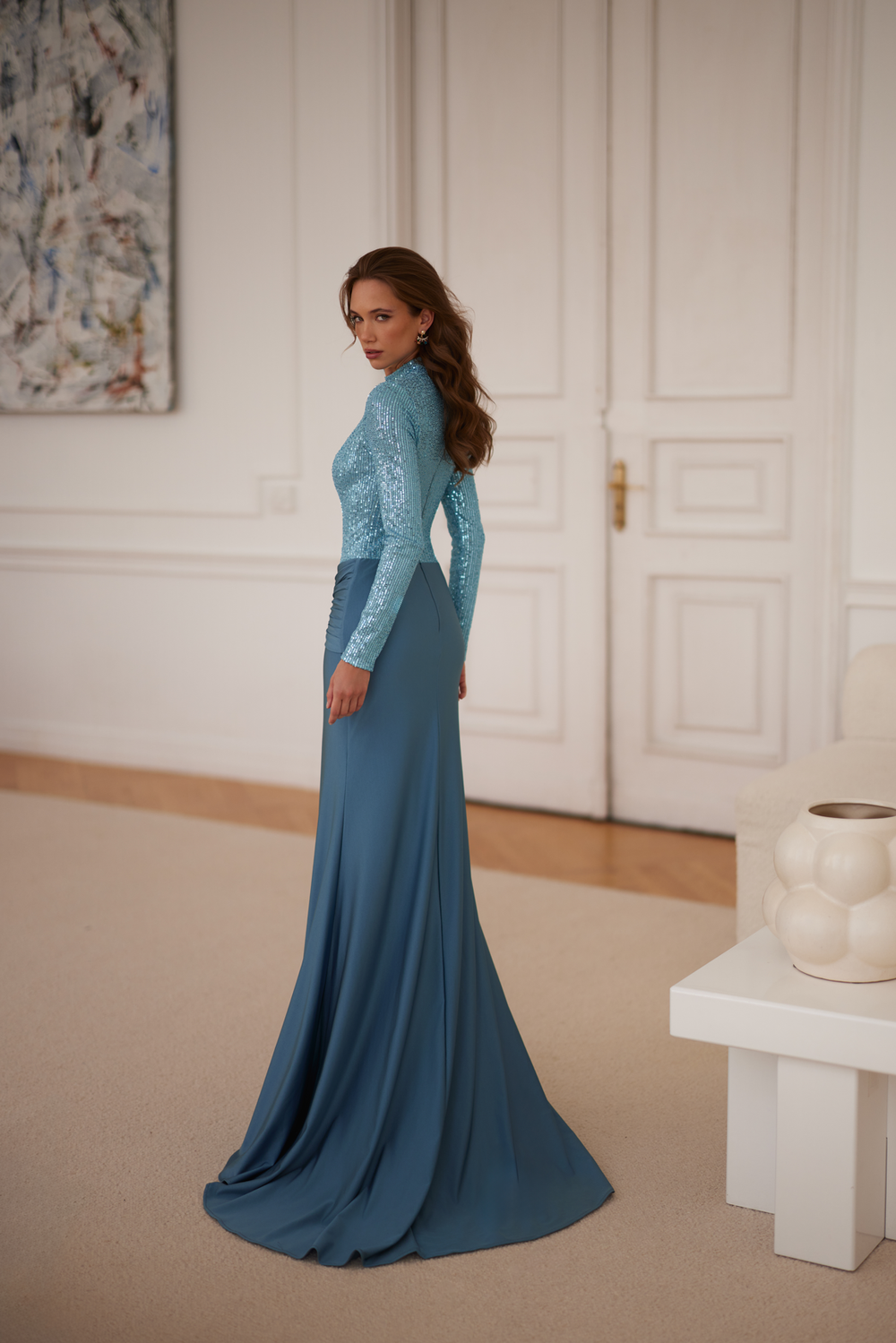 Saleha Long Sleeve Sequins & Jersey Gown