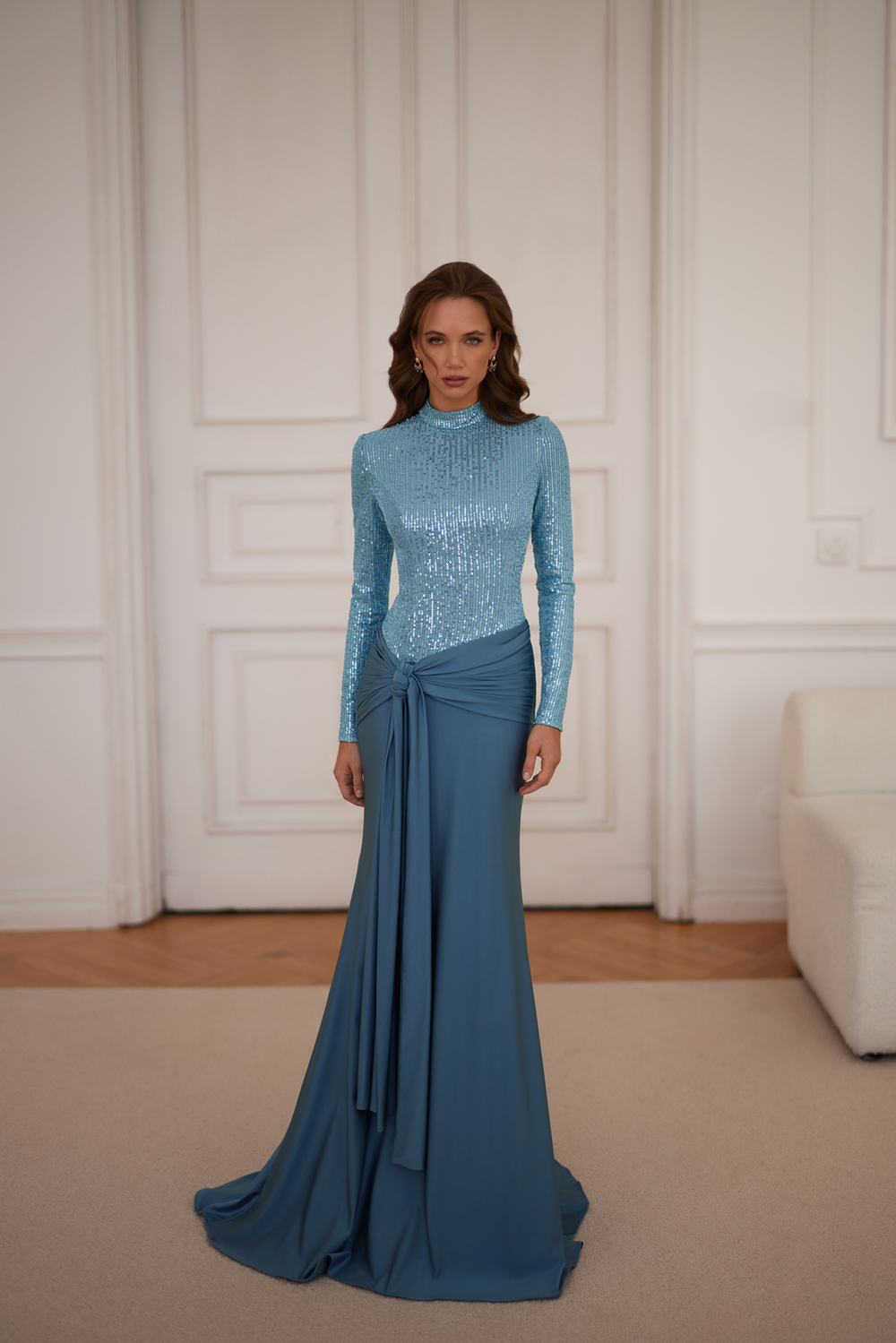 Saleha Long Sleeve Sequins & Jersey Gown