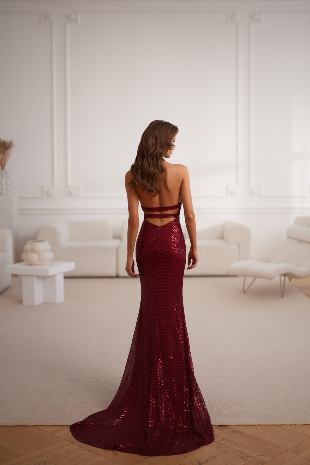 Yasmin V Plunge Neckline Sequins Sparkling Burgundy Gown Yasmin V Plunge Neckline Sequins Sparkling Burgundy Gown