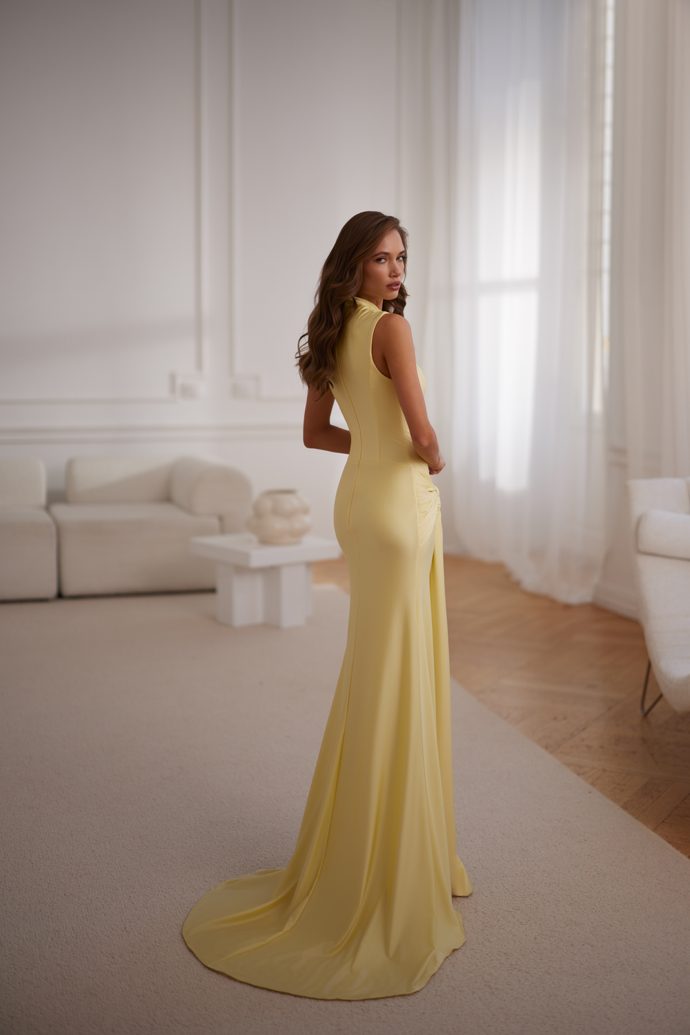 Bianca High Neck Yellow Jersey Maxi Gown