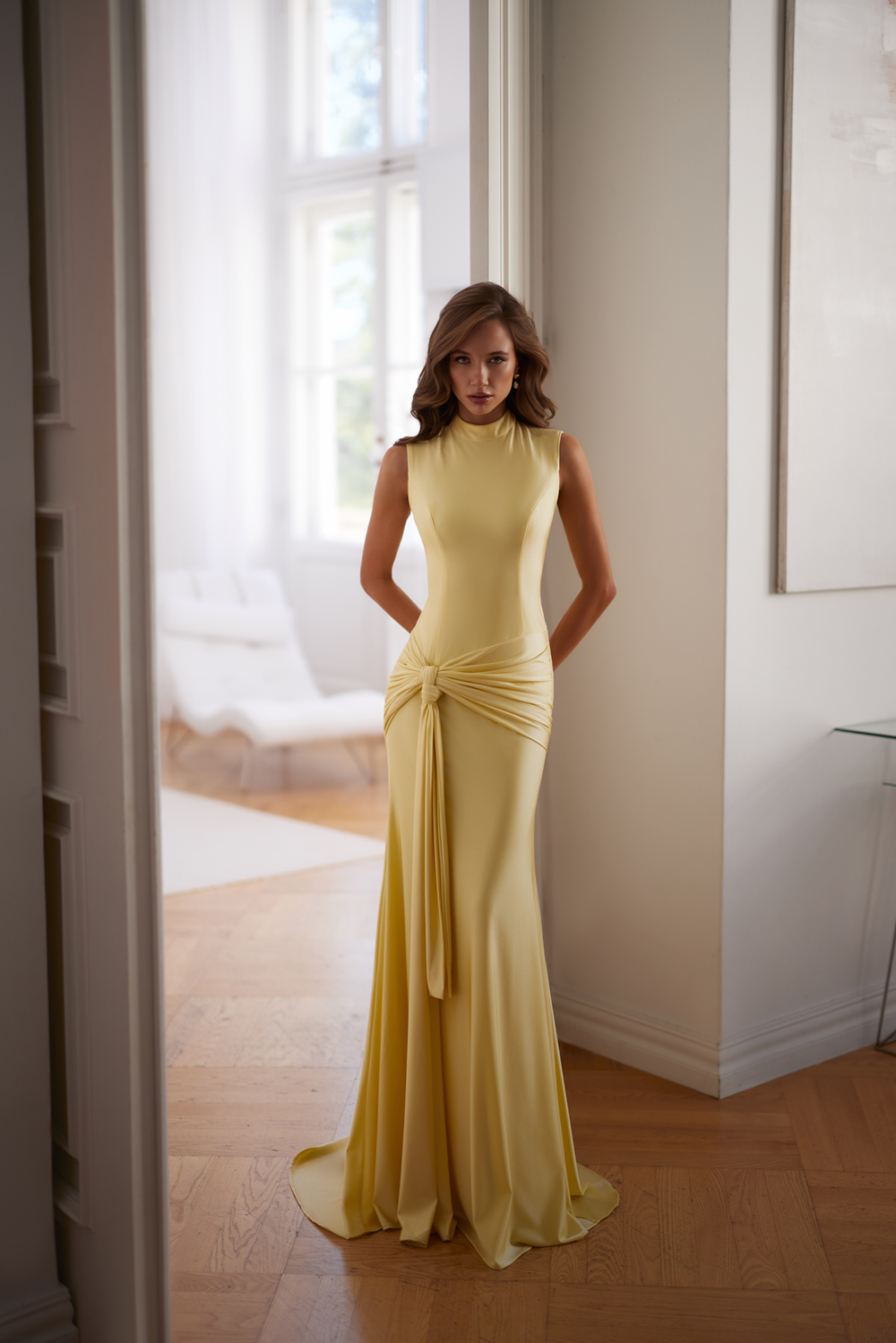 Bianca High Neck Yellow Jersey Maxi Gown