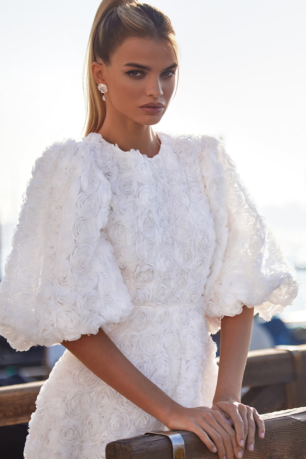 Susanna - White 3D Floral Dress with High Scoop Neckline