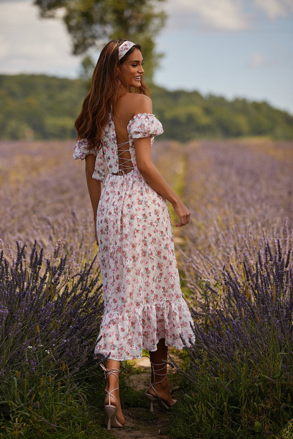 Aileen Dress Alamour The Label Aileen Floral Pink Lace-Up Midi Dress | Afterpay | Zip Pay | Sezzle