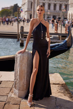 Mylene - Black Cut-Out Gown with Diamante Button Accents