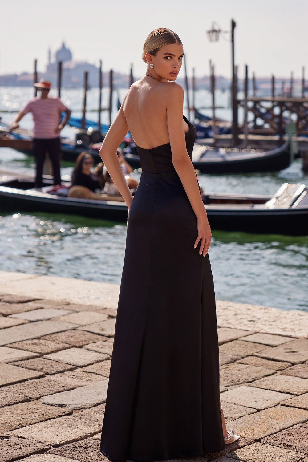 Mylene - Black Cut-Out Gown with Diamante Button Accents