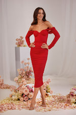 Jourdan Red Bodycon Midi Dress with Long Off-Shoulder Sleeves