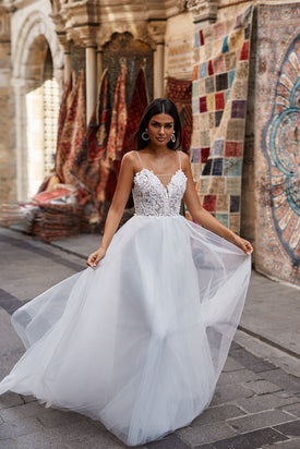 Sevda Gown - Lace Bridal Gown with Tule Skirt and Pearl Straps