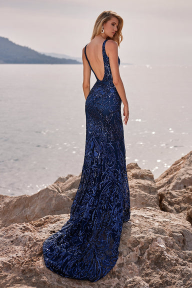 Salma - Navy Sequin Gown with Plunging Neckline and Mermaid Train