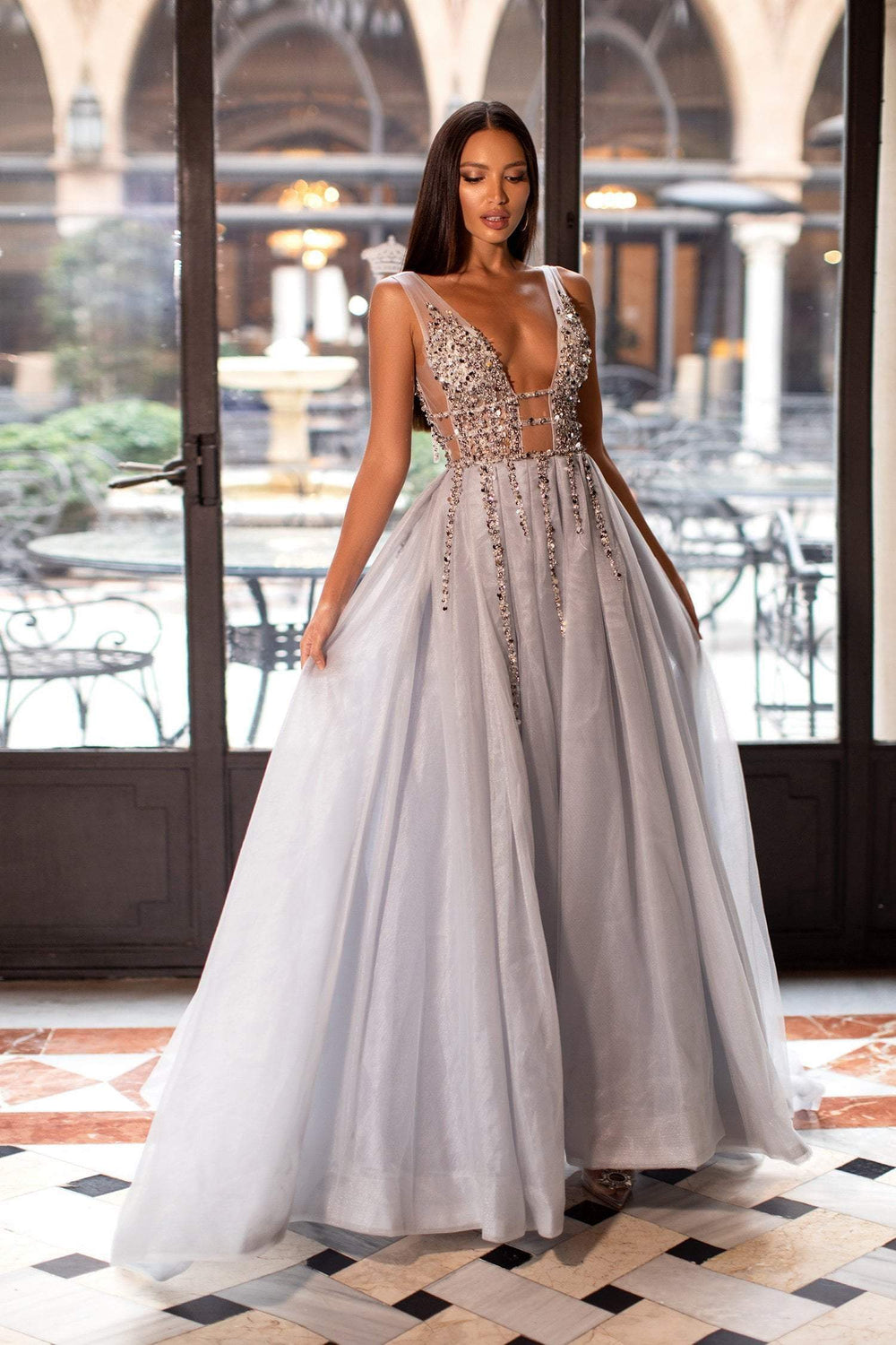 silver tulle dress Shimmering Silver Tulle Gown 12 / Silver