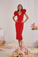 Monica Red Midi Dress with Rose Statement Sleeves
