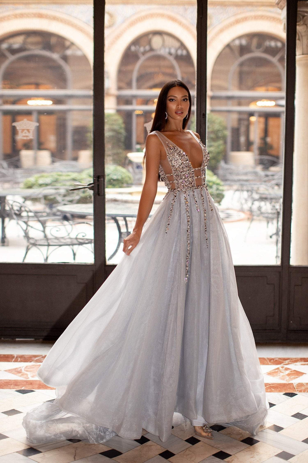 silver tulle wedding dress A-line Princess Sweetheart Neck Silver Tulle Long Prom Dress PG782 US10 / Silver