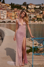 Zora - Pink Beaded Sequin Gown with Feather Trim Sleeves and Side Slit