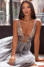 Yolanda - Silver Beaded Tulle A-line Gown with Crystals & Plunge Neck