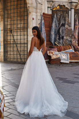 Sevda Gown - Lace Bridal Gown with Tule Skirt and Pearl Straps