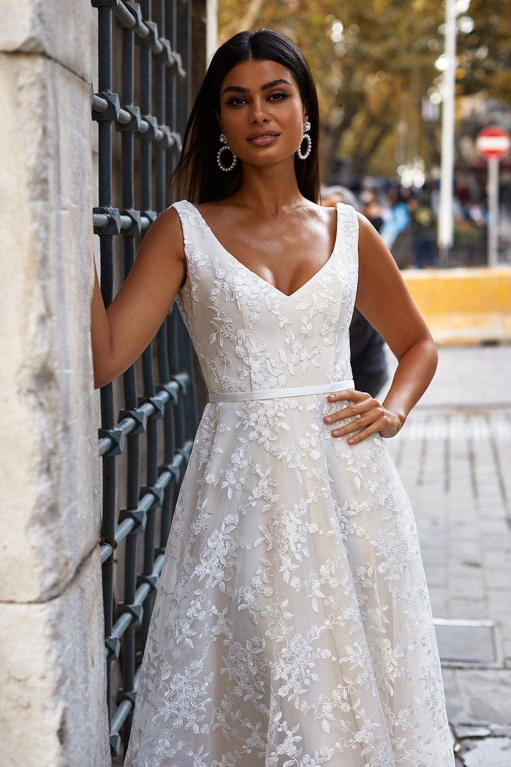 Feriha Gown - V-Neck, Low Back Wedding Dress with Lace Applique