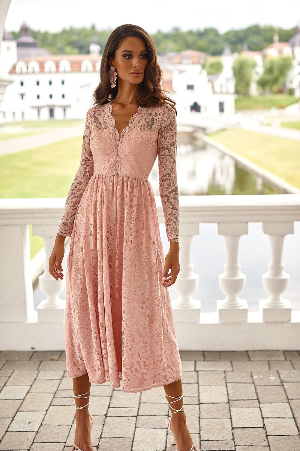 Genevieve Pink Lace Long Sleeve Dress with Open Back