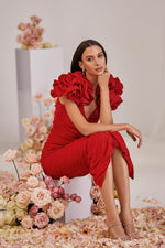 Monica Red Midi Dress with Rose Statement Sleeves