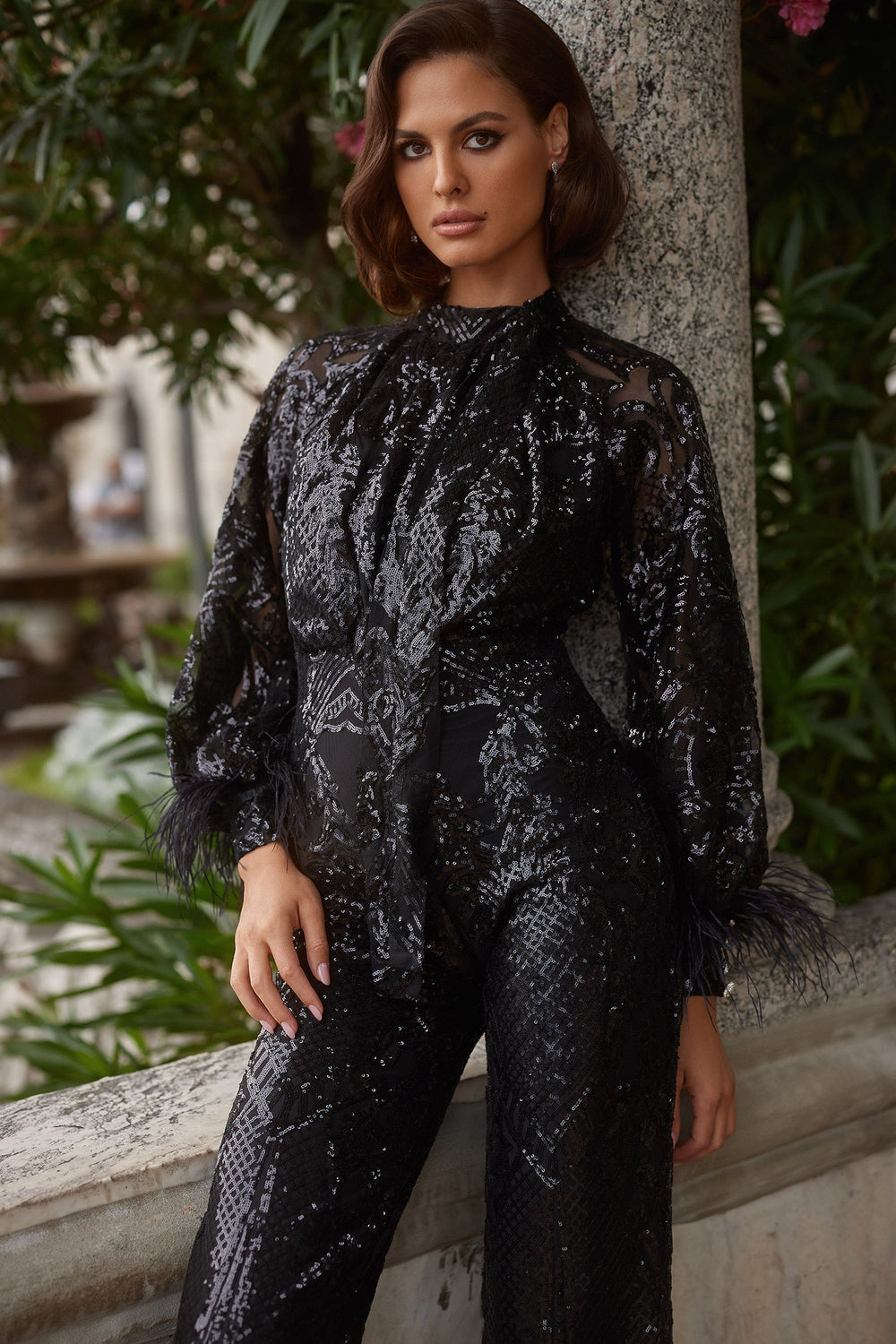 Jessalyn - Black Sequin Jumpsuit with Feathered Cuffs