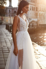 Sanem Gown - High Slit Mini Skirt Bridal Dress with Bow Sleeves