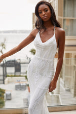 Alayna - White Patterned Sequin Gown With Cowl Neck & Criss Cross Back