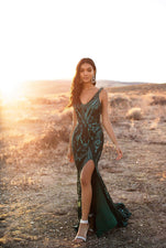 A&N Luxe Danica  - Emerald Sequin Mermaid Gown with Side Slit