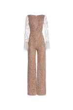 Costa Beaded Jumpsuit with Feather Cuffs