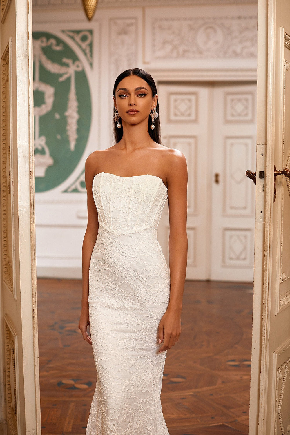 Cora - White Strapless Lace Gown with Mermaid Train