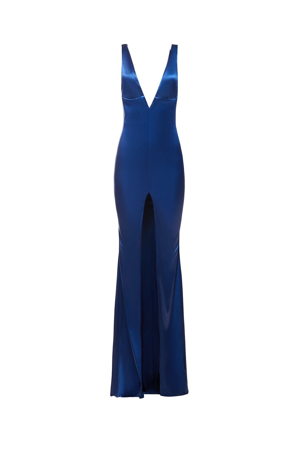 Ambel - Navy Satin Gown with Plunging Neckline and Front Slit