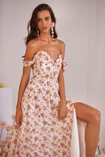 Araminta Floral Midi Dress with Off-Shoulder Sleeves