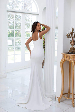 Celesta - White Mermaid Crepe Gown with V-neck and Train