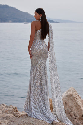 Laurine - Silver Gown with Cape Sleeve