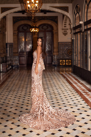 Iza - Rose Gold Sequin One-Shoulder Gown with Cut-Out Detail & Slit