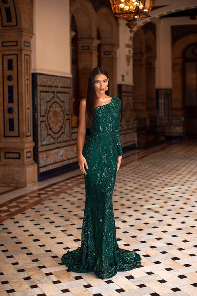 Jaime - Emerald Sequin One Shoulder Gown with Mermaid Train