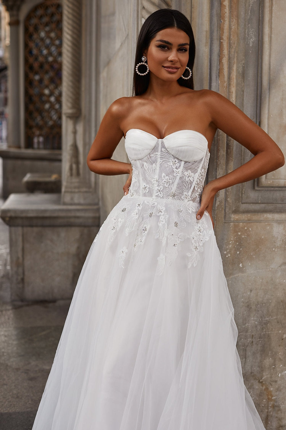 Meliha Gown - Strapless Tulle Bridal Gown with lace Details