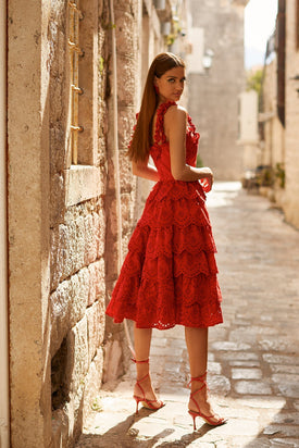 Eldora Red San Gallo Midi Dress with Bow Sleeves