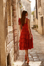 Eldora Red San Gallo Midi Dress with Bow Sleeves