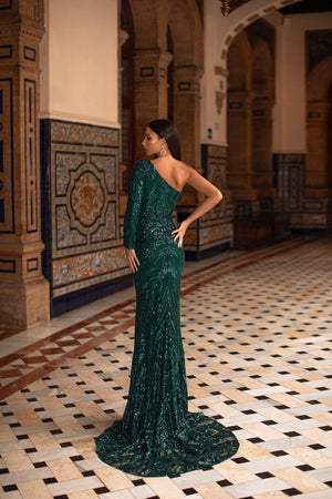 Jaime - Emerald Sequin One Shoulder Gown with Mermaid Train