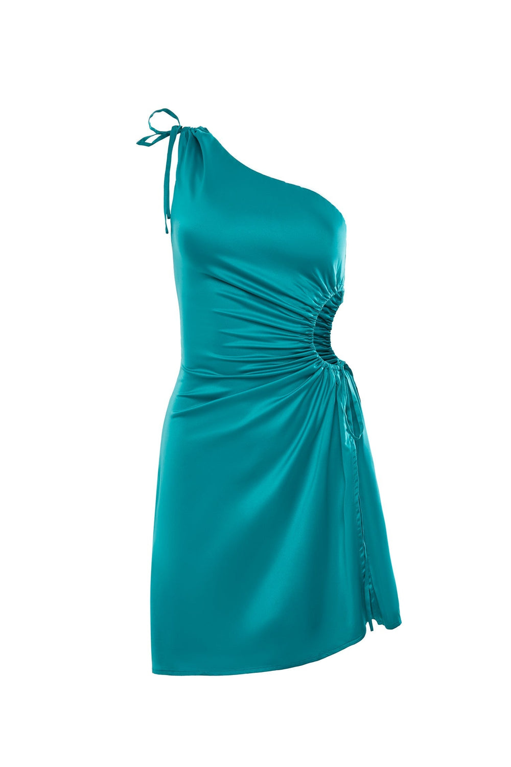 Carmen Teal Satin Mini Dress with Waist Cut-Out and High Slit